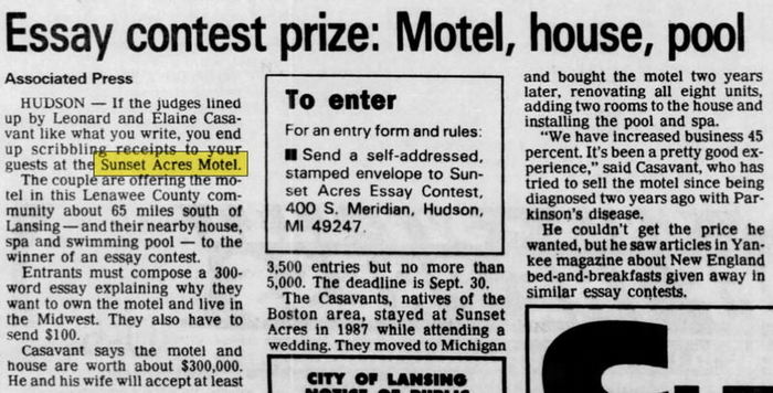 Sunset Acres Motel - Apr 1994 Win Contest Get Motel